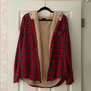 SHEIN oversized fuzzy hooded red and navy flannel